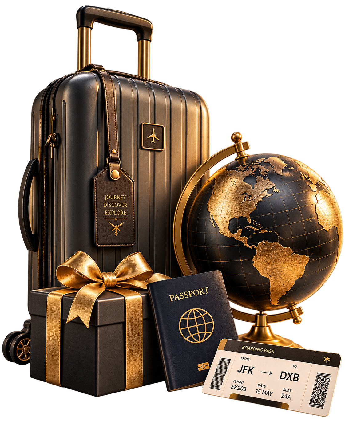 Mala elegante com globo, presente, passaporte e cartão de embarque representando a área de presentes.